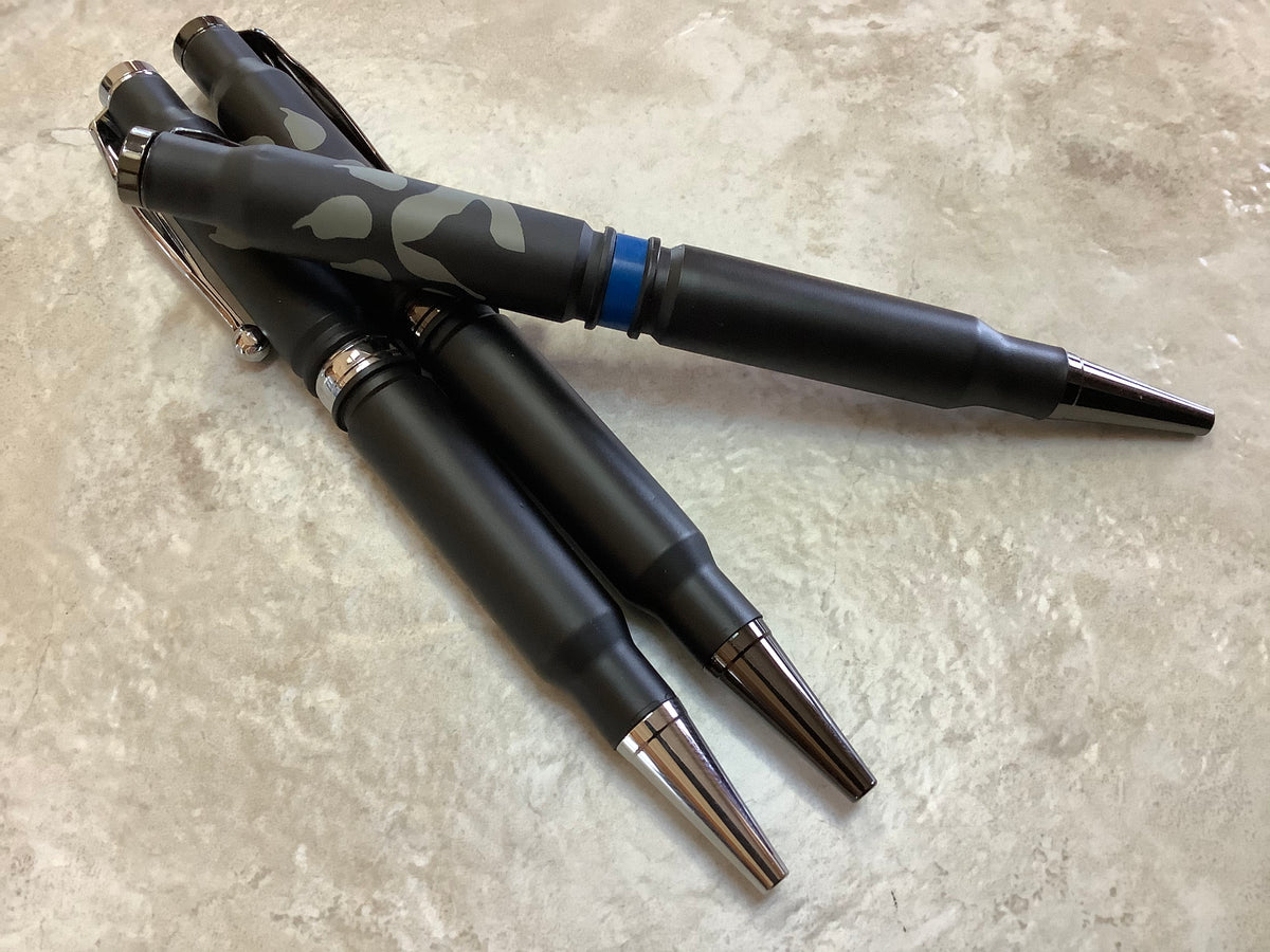308 Real Bullet Casing Refillable Black Twist Pen- Thin Blue Line